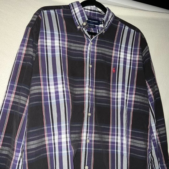 Ralph Lauren Golf Button Down Shirt Plaid Striped Purple Cotton Tall Men's Large - Picture 3 of 5